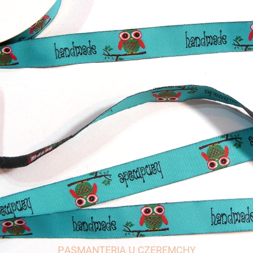 tasiemka /wstążka/ żakardowa 16 mm - sówki z napisem "handmade"