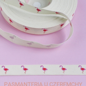 tasiemka bawełniana 15 mm z nadrukiem  - flamingi /wstążka/
