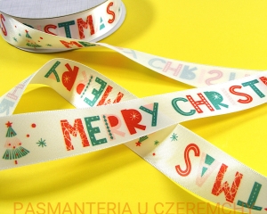 tasiemka 25 mm satynowa drukowana - Merry Christmas /wstążka/