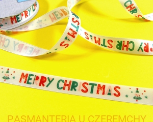 tasiemka 16 mm satynowa drukowana - Merry Christmas /wstążka/
