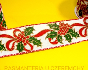 taśma dekoracyjna 63 mm drukowana - gałązki ostrokrzewu /świąteczna, Boże Narodzenie/