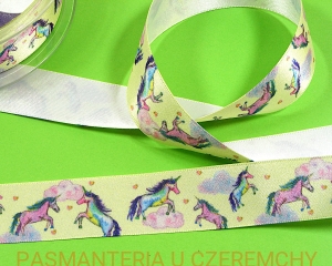 tasiemka satynowa 25 mm drukowana  - jednorożce /wstążka/  