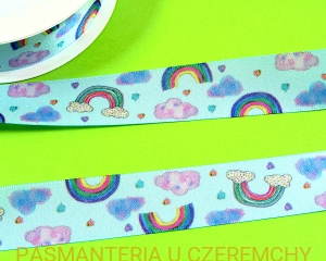 tasiemka satynowa 25 mm drukowana - tęcze i chmurki /wstążka/ 