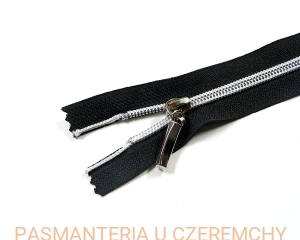 zamek 14 cm czarny nierozdzielczy plastikowy - imitacja metalu, białe przeszycie,  spirala rozm. 5