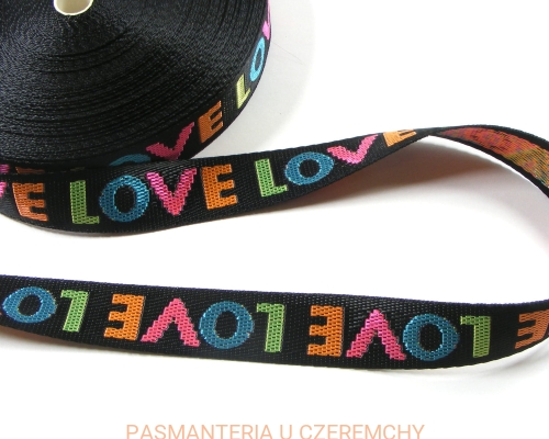 taśma nośna 25 mm czarna z wzorem - love