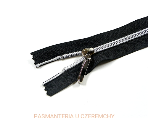 zamek 110 cm czarny rozdzielczy plastikowy - imitacja metalu, białe przeszycie, spirala rozm. 5
