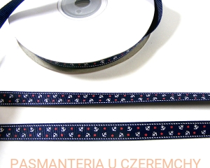 tasiemka rypsowa drukowana 10 mm - kotwice na granatowym tle /wstążka/ 