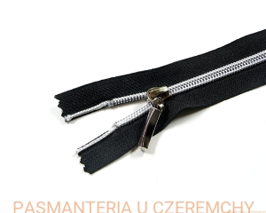 zamek 100 cm czarny rozdzielczy plastikowy - imitacja metalu, białe przeszycie,spirala rozm. 5  