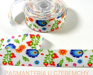tasiemka rypsowa drukowana 25 mm - kwiaty ludowe na białym tle - rolka 9,1 m /wstążka/ 