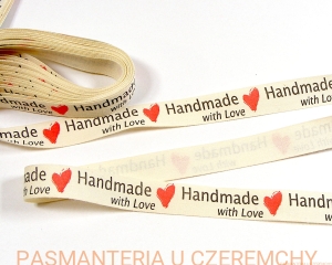 cena za całość 2,97 m - tasiemka bawełniana 15 mm z nadrukiem - "Handmade with love" /wstążka/