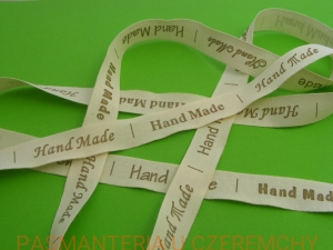 tasiemka bawełniana 15 mm z nadrukiem  "Hand Made" /nadruk brązowy, wstążka/